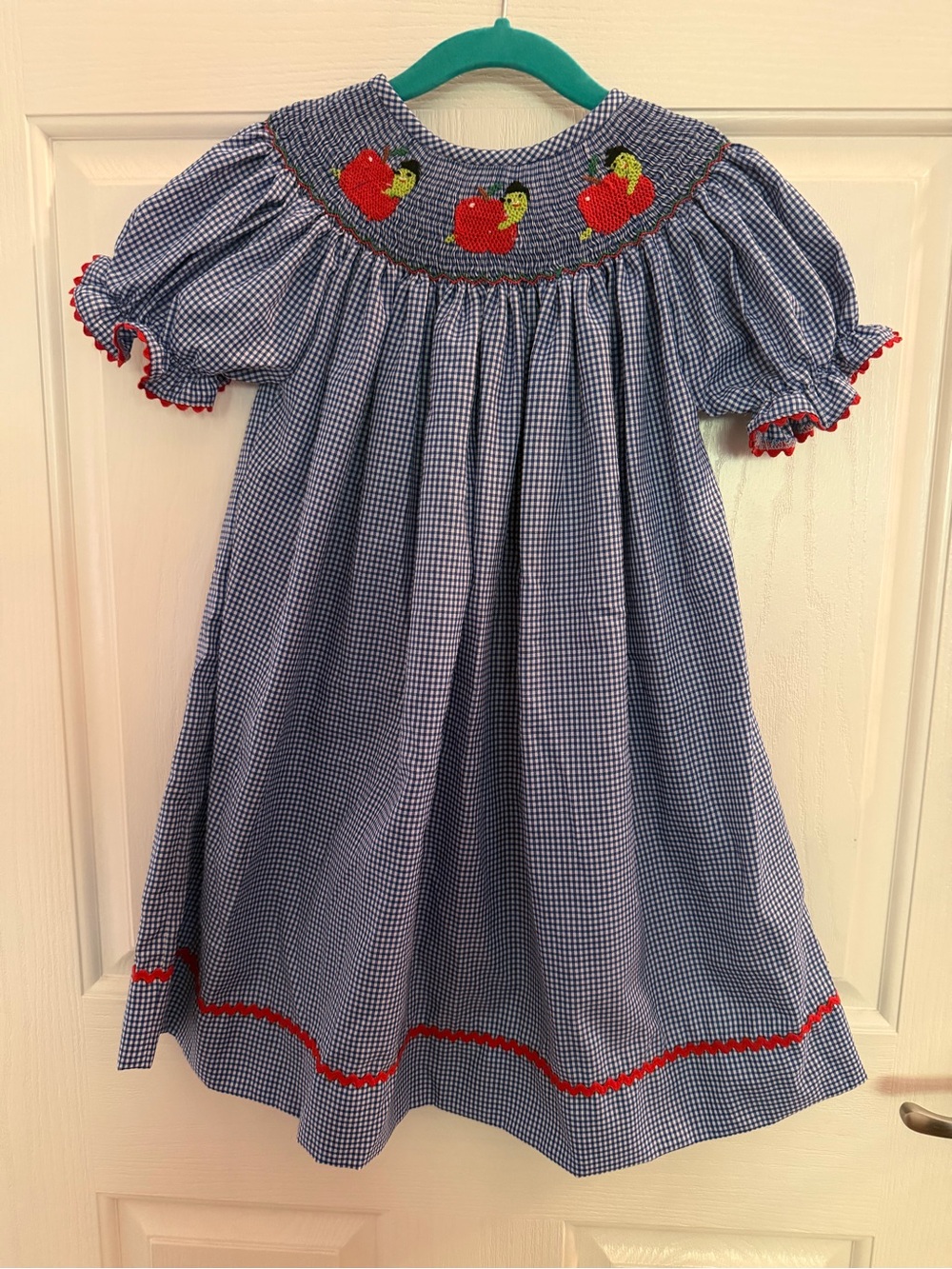 Blue Gingham Smocked 2T Dress, Red Apple and Worm Embroidery School Picture Day